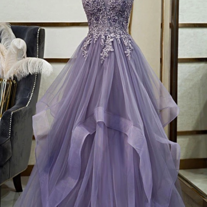 Unique Long Tulle Spaghetti Straps Layered Prom Dress With Applique on ...