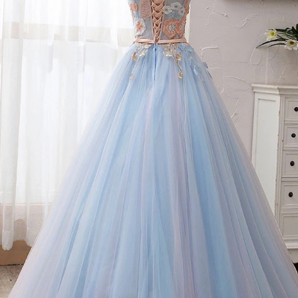 Light Blue Tulle Off Shoulder Long Senior Prom Dress With Applique,long ...