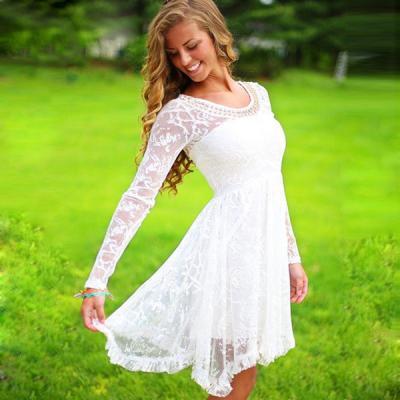Graduation Dress, Lace Ball Gown Long Sleeves Prom Graduation Dresses, Short White O-neck Pearls Beaded 8th Grade Graduation Homecoming Lace Dresses