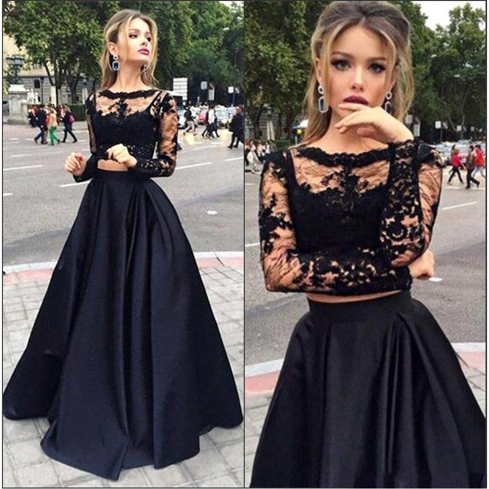 Stunning Sparkly 2 Piece Prom Dresses ,evening Gowns Long Sleeve Lace Black  Prom Dress ,satin Vestidos De Gala Noche Custom