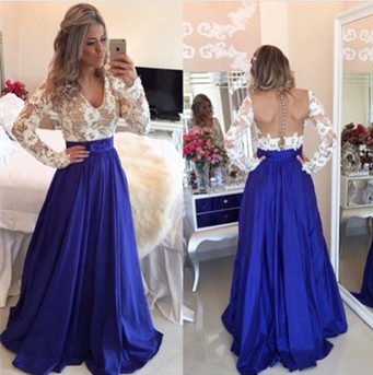 blue and white lace prom dress