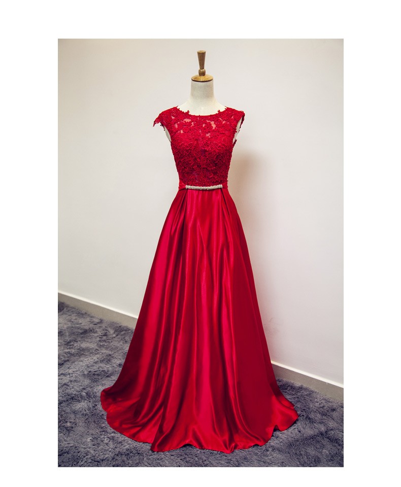 Cheap Long Applique Beaded Prom Dresses, Red Burgundy Tulle Sheer Neck