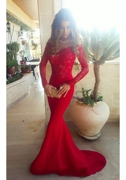 red long sleeve off the shoulder prom dress