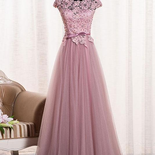 Pink Round Neck Tulle Lace Applique Long Prom Dress, Tulle Evening ...