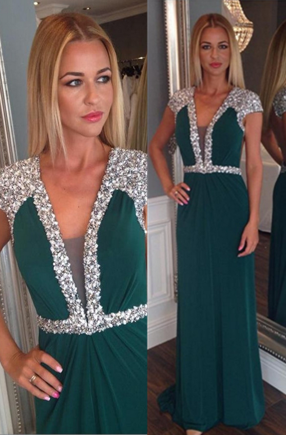 Dark Green Prom Dress,Cap Sleeve Open Back Beaded Long Prom Dresses on