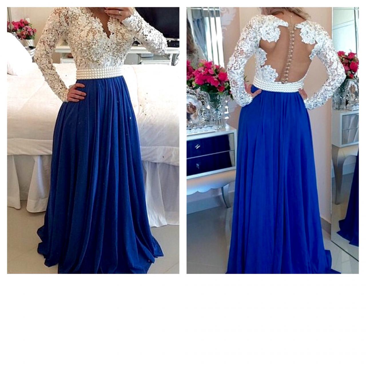 Royal Blue / Ivory Long Sleeves Formal Prom Gown With Beading Evening ...