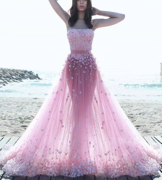 Two Piece Prom Dresses, 3d Flowers Evening Dress, Strapless Evening