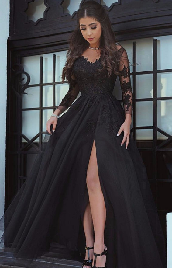 Black Prom Dress, Floor Length Prom Dresses, Lace Applique Prom Dress ...