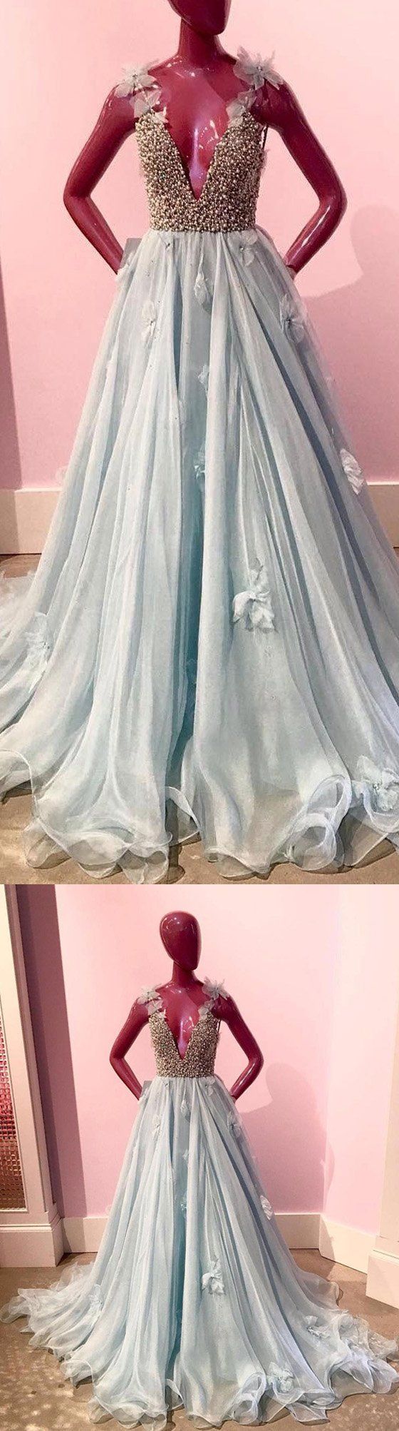 Blue Charming Beaded Prom Dress,Top V Neck Affordable Long Prom Dresses ...