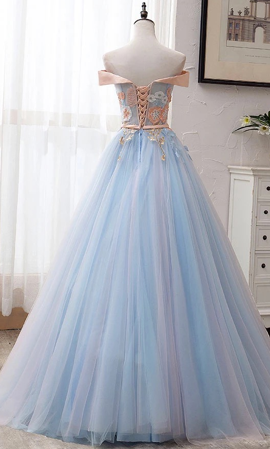 Light Blue Tulle Off Shoulder Long Senior Prom Dress With Applique,long ...