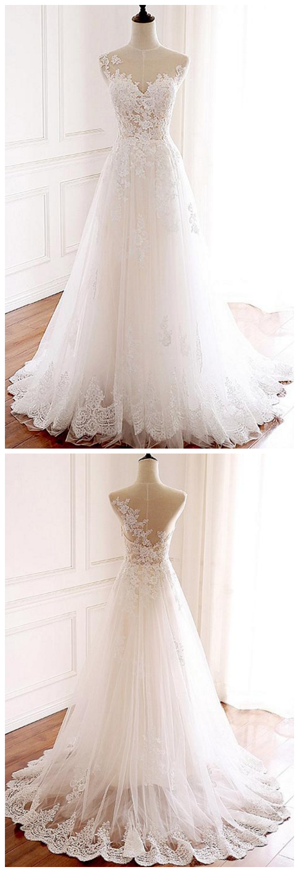 Tulle Jewel Neckline Full-length A-line Wedding Dresses With Lace ...