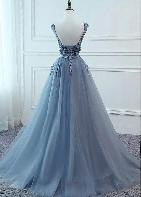 Showy Tulle V-neck Neckline Floor-length A-line Prom Dresses With Lace ...