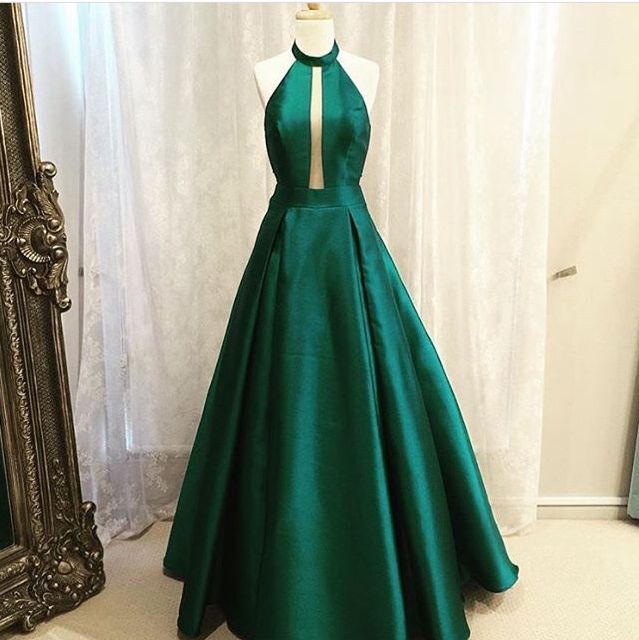 Green Halter Plunging A-line Floor-Length Prom Dress, Evening Dress ...